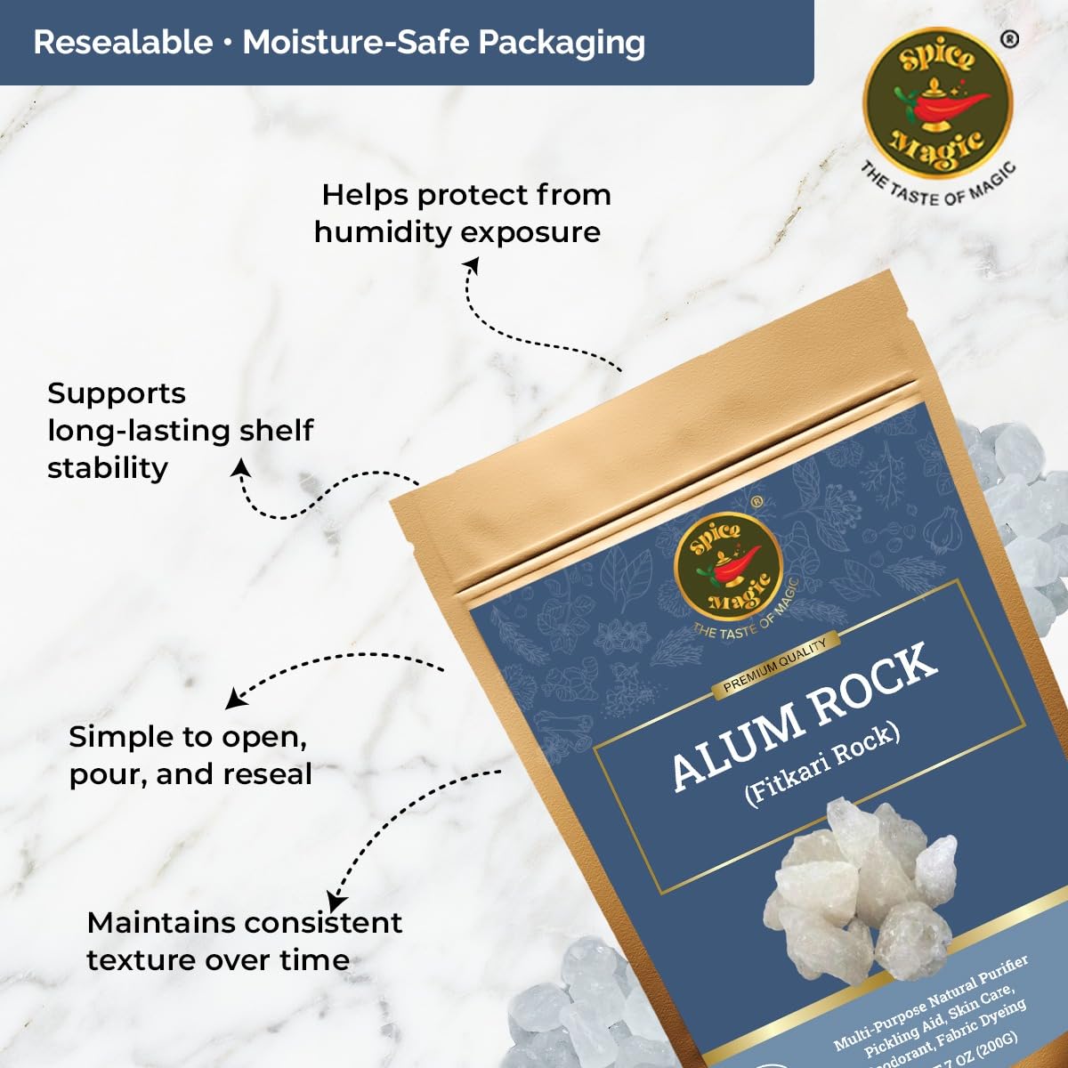 SPICE MAGIC White Alum Rock packaging keeps the rock protected for travel.