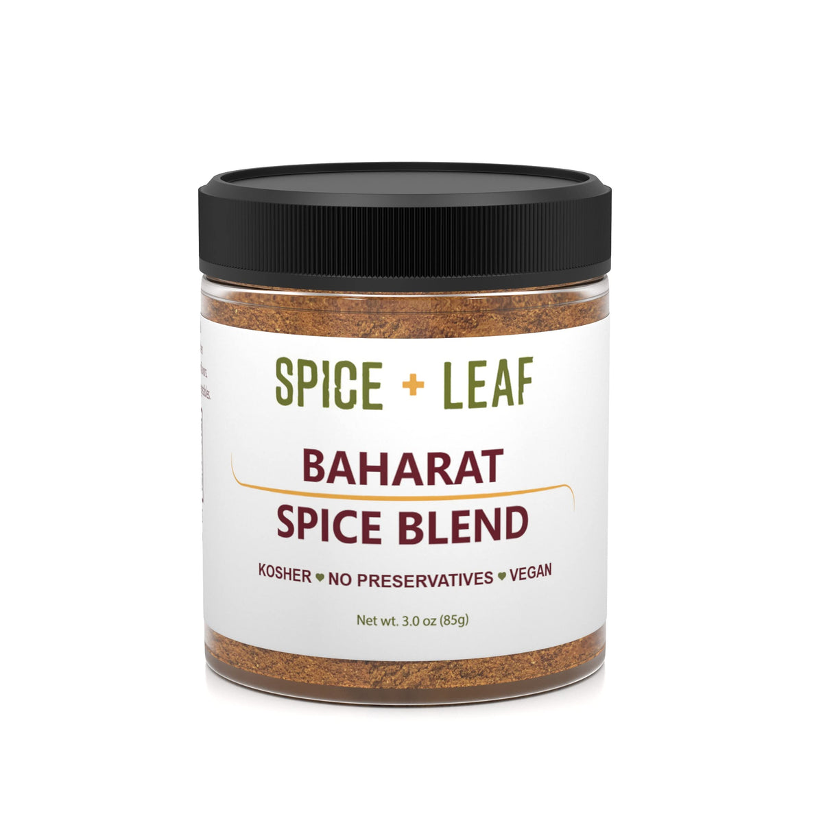 SPICE + LEAF Baharat blend jar showing salt-free versatile seasoning for stews.