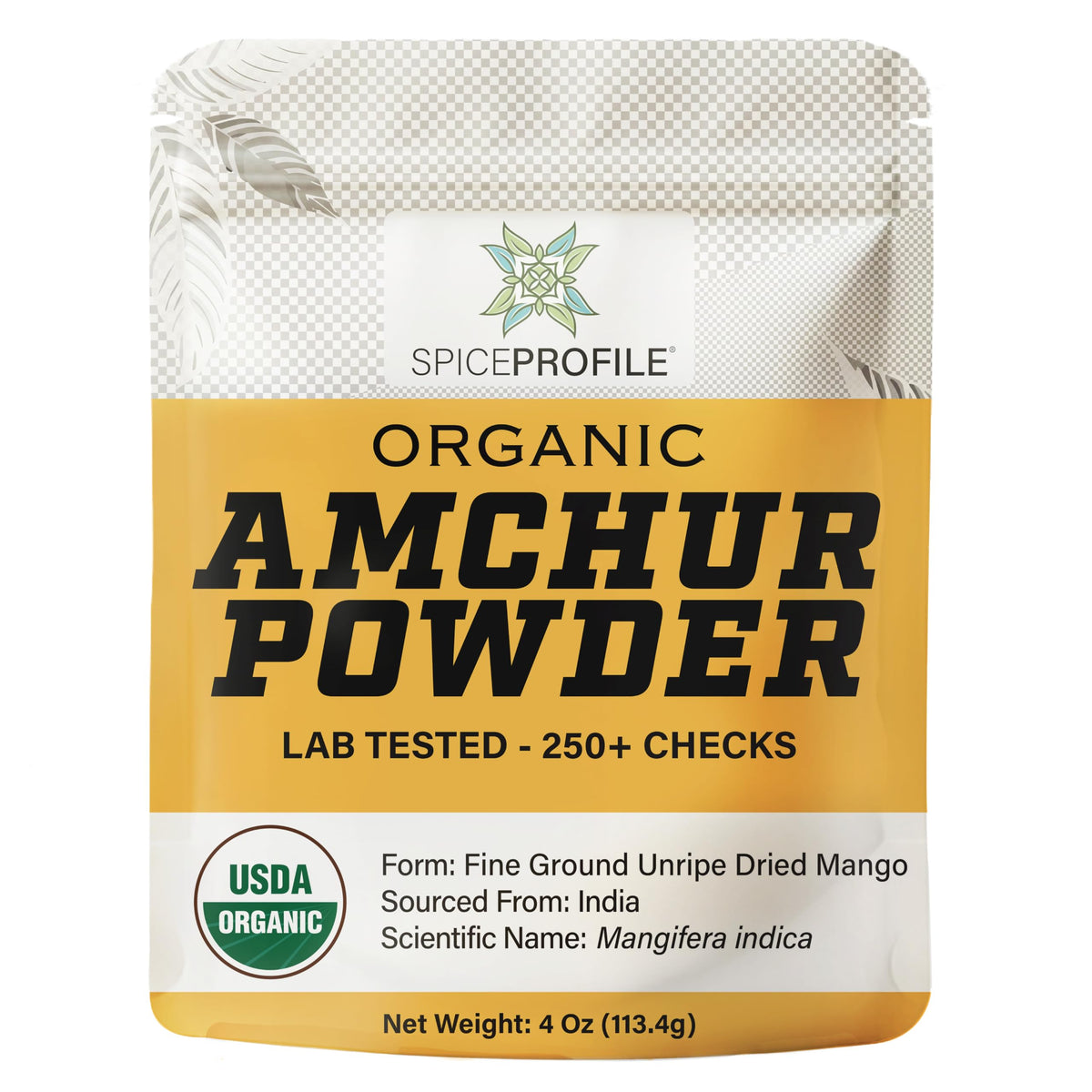 Spice Profile amchur powder packaging in a 4oz resealable pouch preserves freshness.