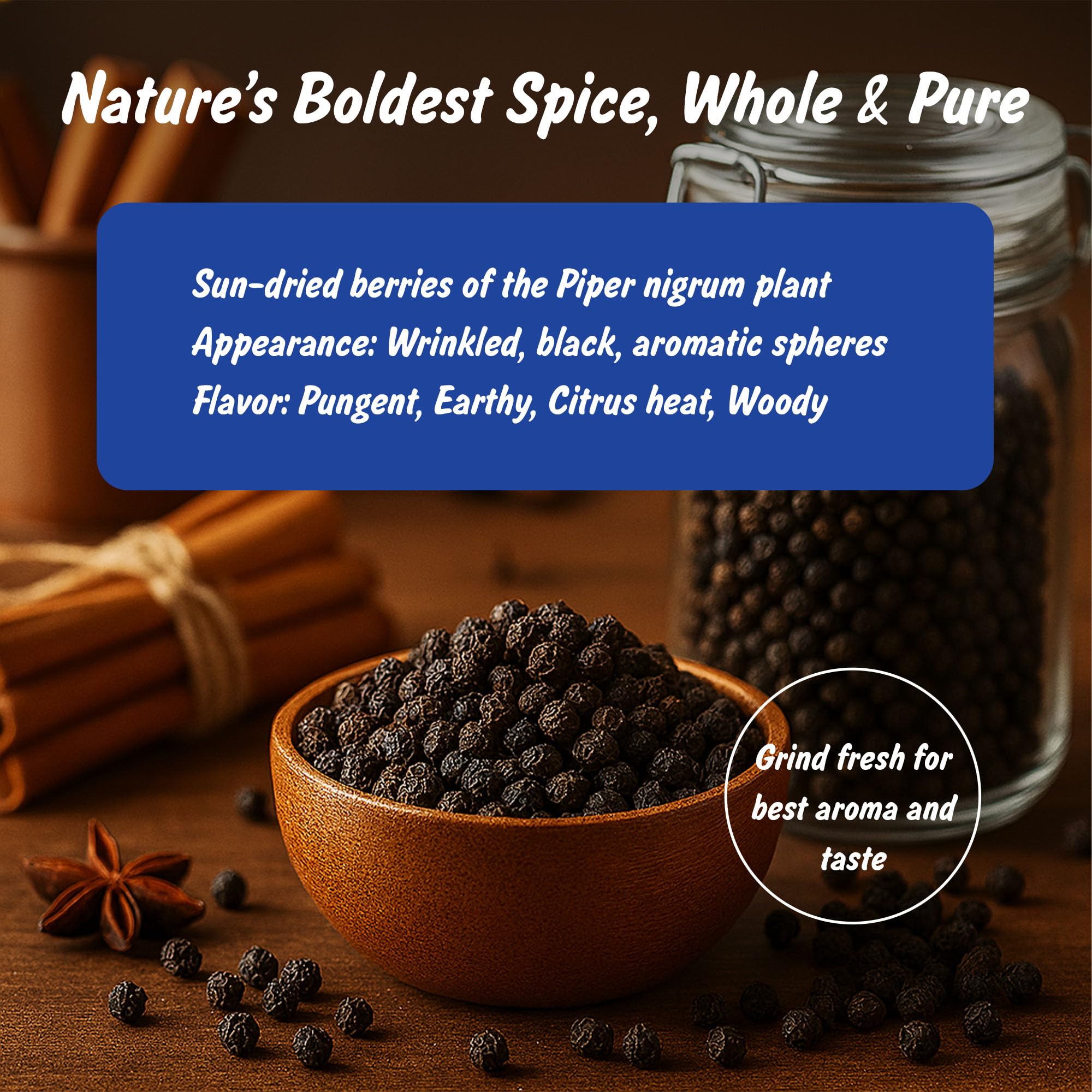 Close-up of Spice Profile black peppercorns showing texture and aroma