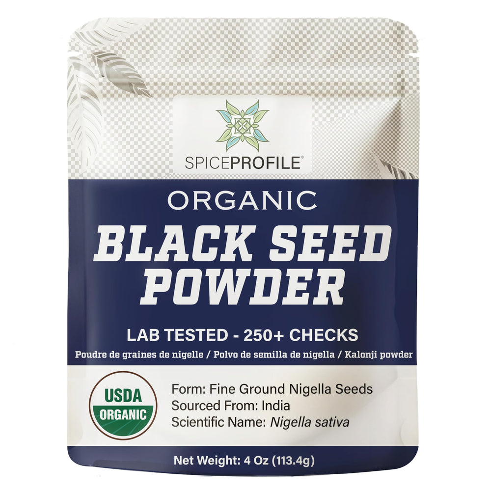 Spice Profile black seed powder bottle showing organic kalonji for versatile spice blends