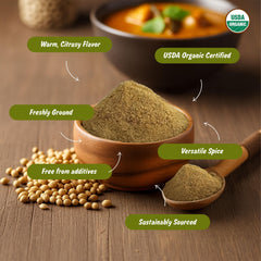 Spice Profile Coriander Powder jar with spoon highlights fresh-ground aroma