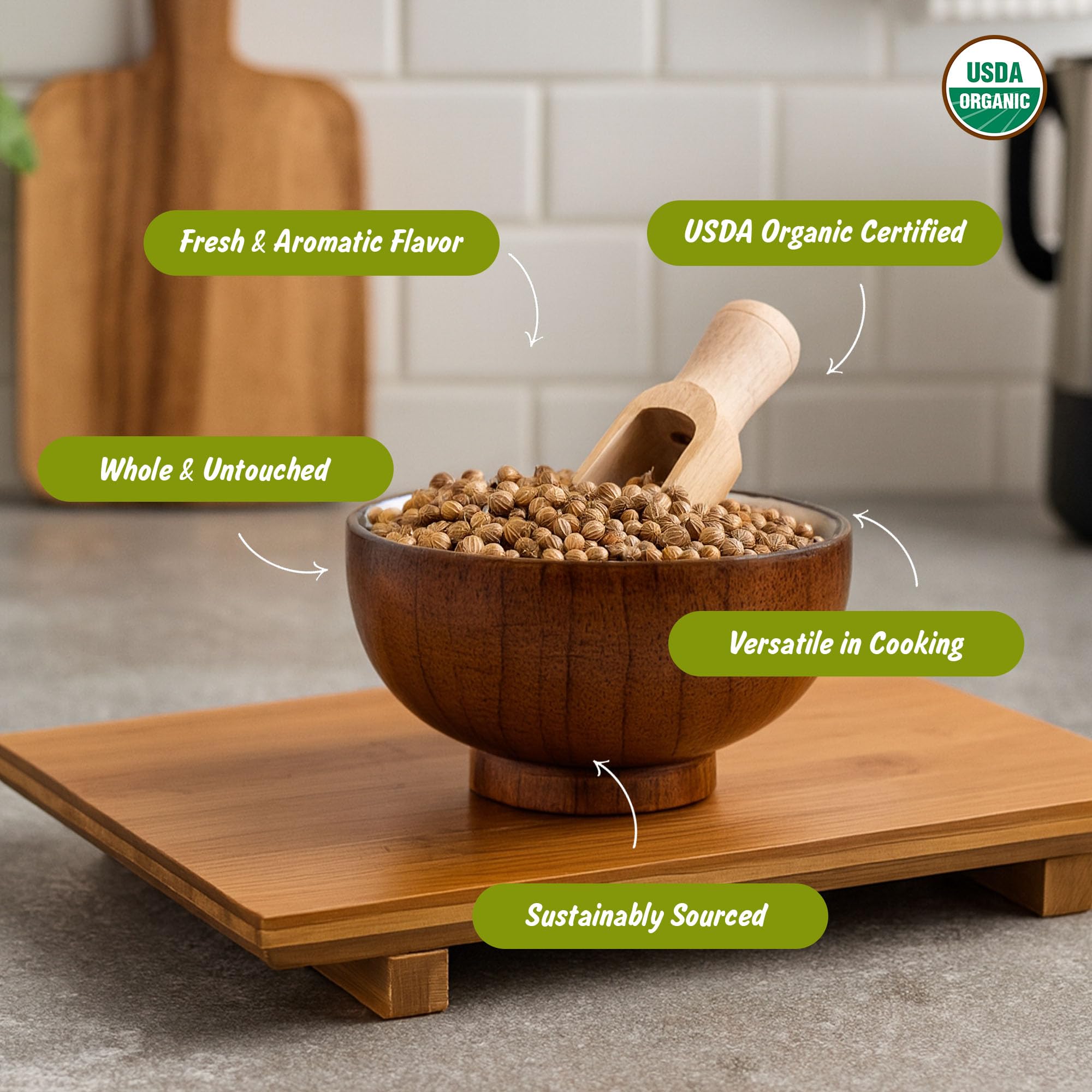 Spice Profile coriander seeds closeup beads highlighting warm citrus notes for curries.