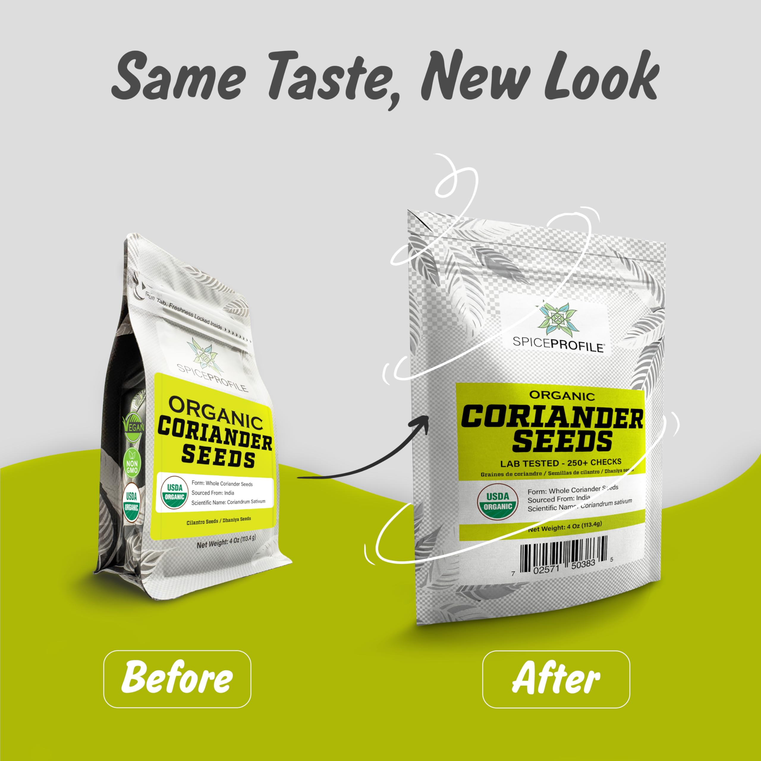 Resealable pouch preserves aroma of Spice Profile coriander seeds.