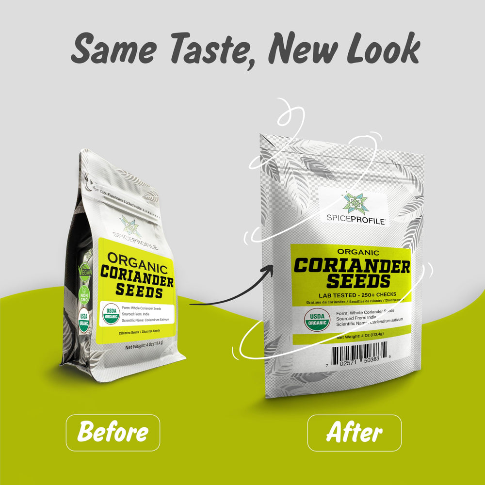 Resealable pouch preserves aroma of Spice Profile coriander seeds.