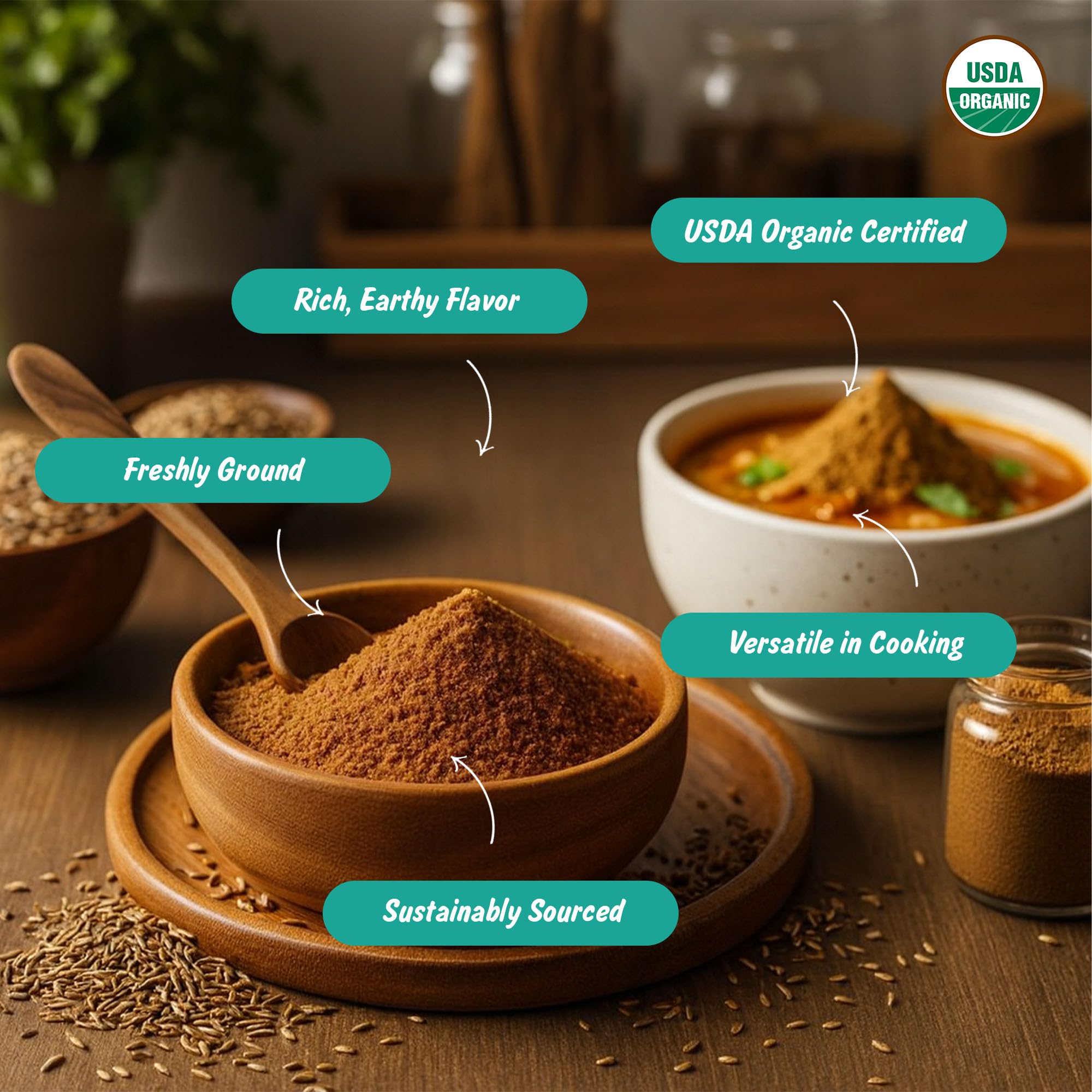 Spice Profile Cumin Powder spoonful in bowl ready to season.
