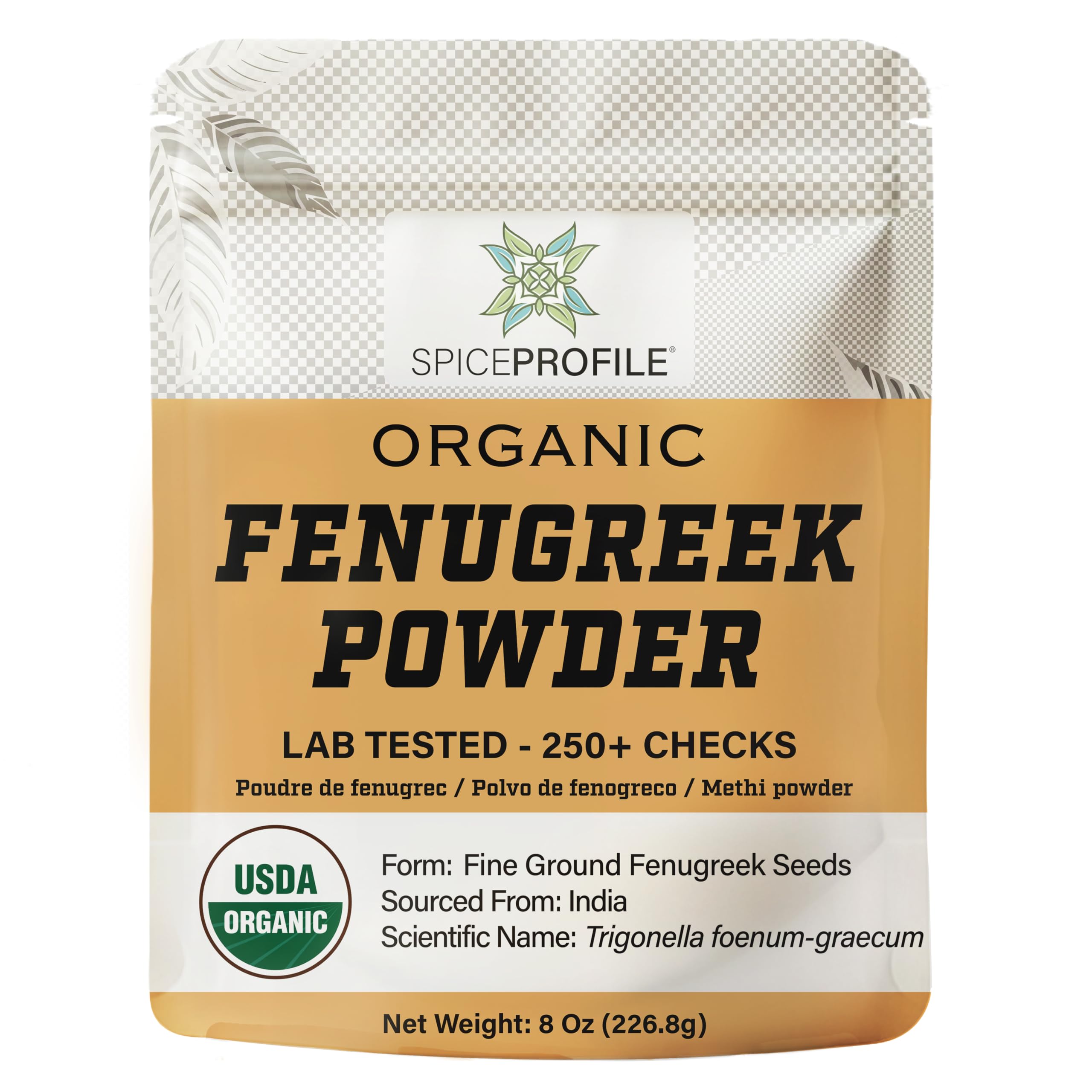 Spice Profile fenugreek powder bottle highlights organic, pure methi flavor enhancer for curries.