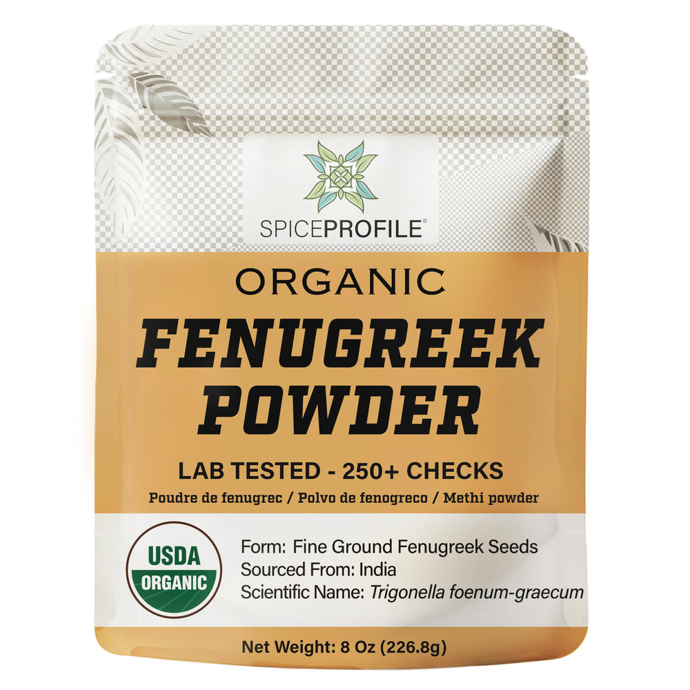 Spice Profile fenugreek powder bottle highlights organic, pure methi flavor enhancer for curries.