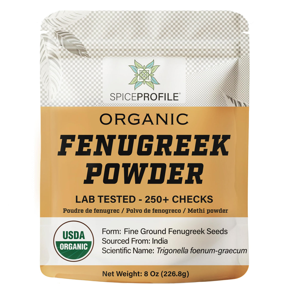 Spice Profile fenugreek powder bottle highlights organic, pure methi flavor enhancer for curries.