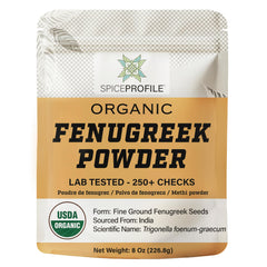 Spice Profile fenugreek powder bottle highlights organic, pure methi flavor enhancer for curries.