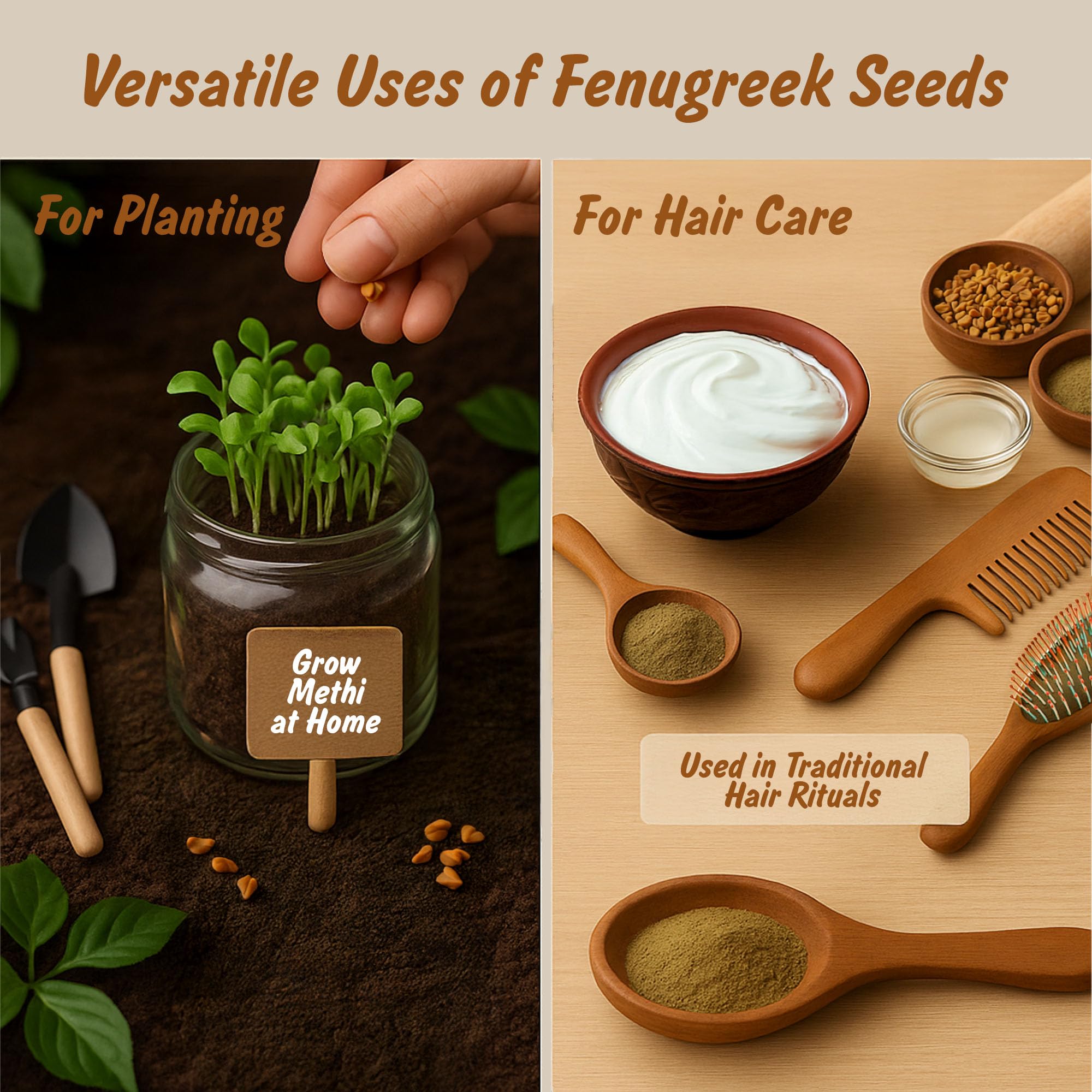 Spice Profile fenugreek seeds held in hand, ideal for measuring into curries.