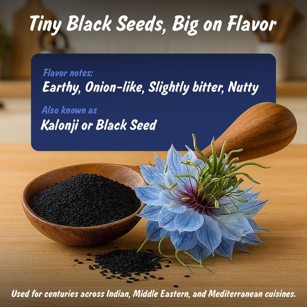 Kalonji seeds aroma closeup highlights earthy, peppery notes.