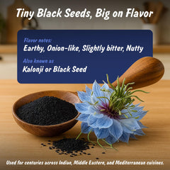Kalonji seeds aroma closeup highlights earthy, peppery notes.