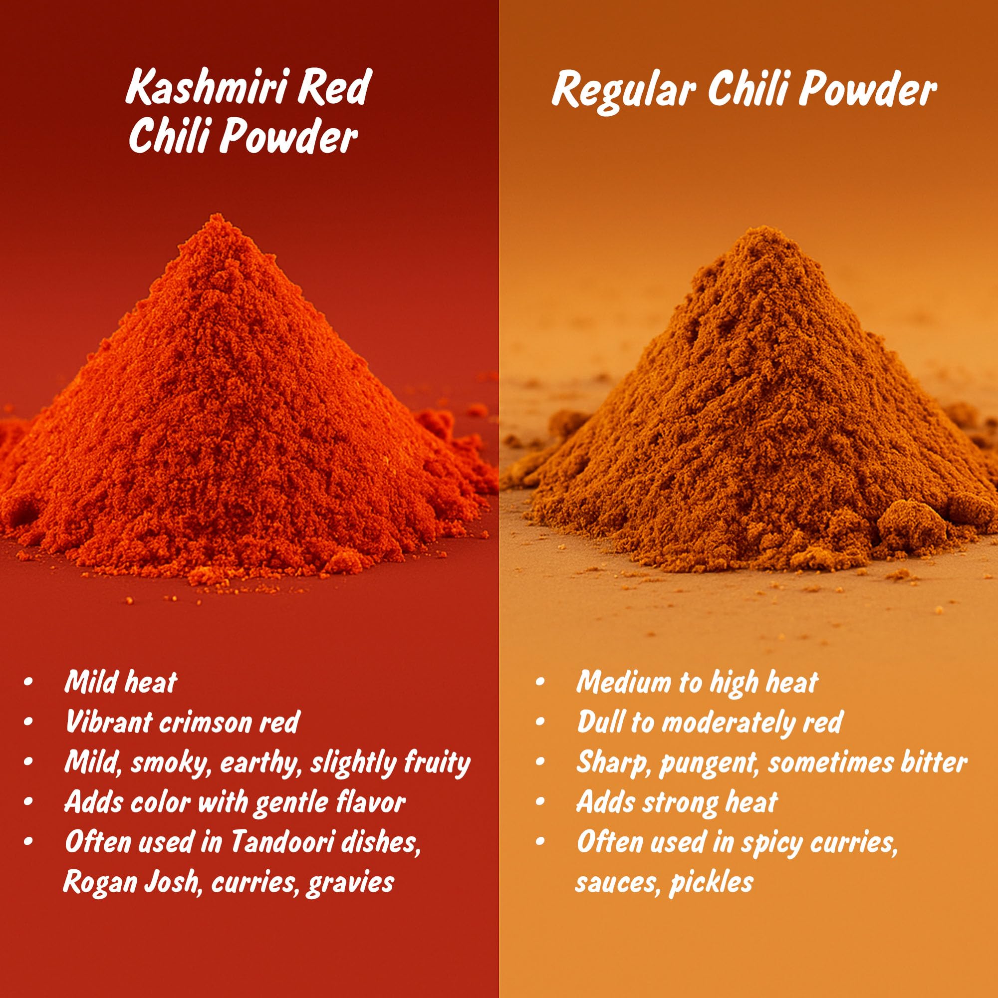 Spice Profile Kashmiri chili powder enhances curries with color.