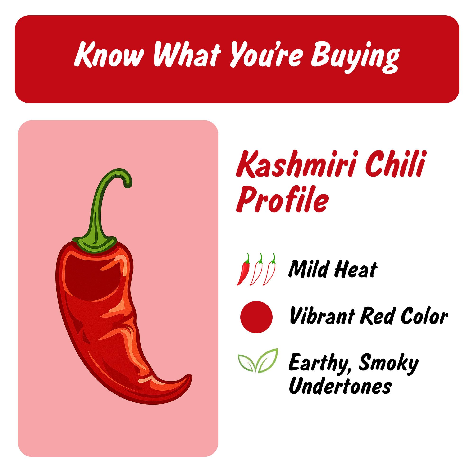 Spoonful of Spice Profile Kashmiri chili powder reveals vibrant hue and mild notes.