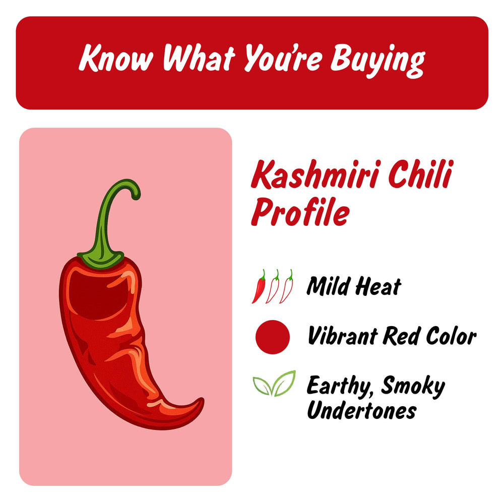 Spoonful of Spice Profile Kashmiri chili powder reveals vibrant hue and mild notes.