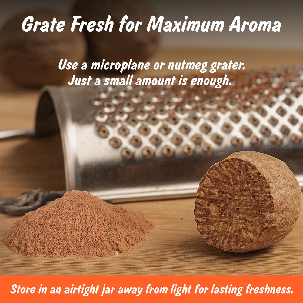 Spice Profile nutmeg being grated over a dish for finishing