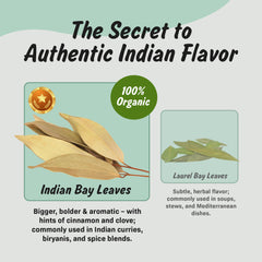 Spice Profile organic bay leaves close-up; vibrant green leaves ready for simmering.