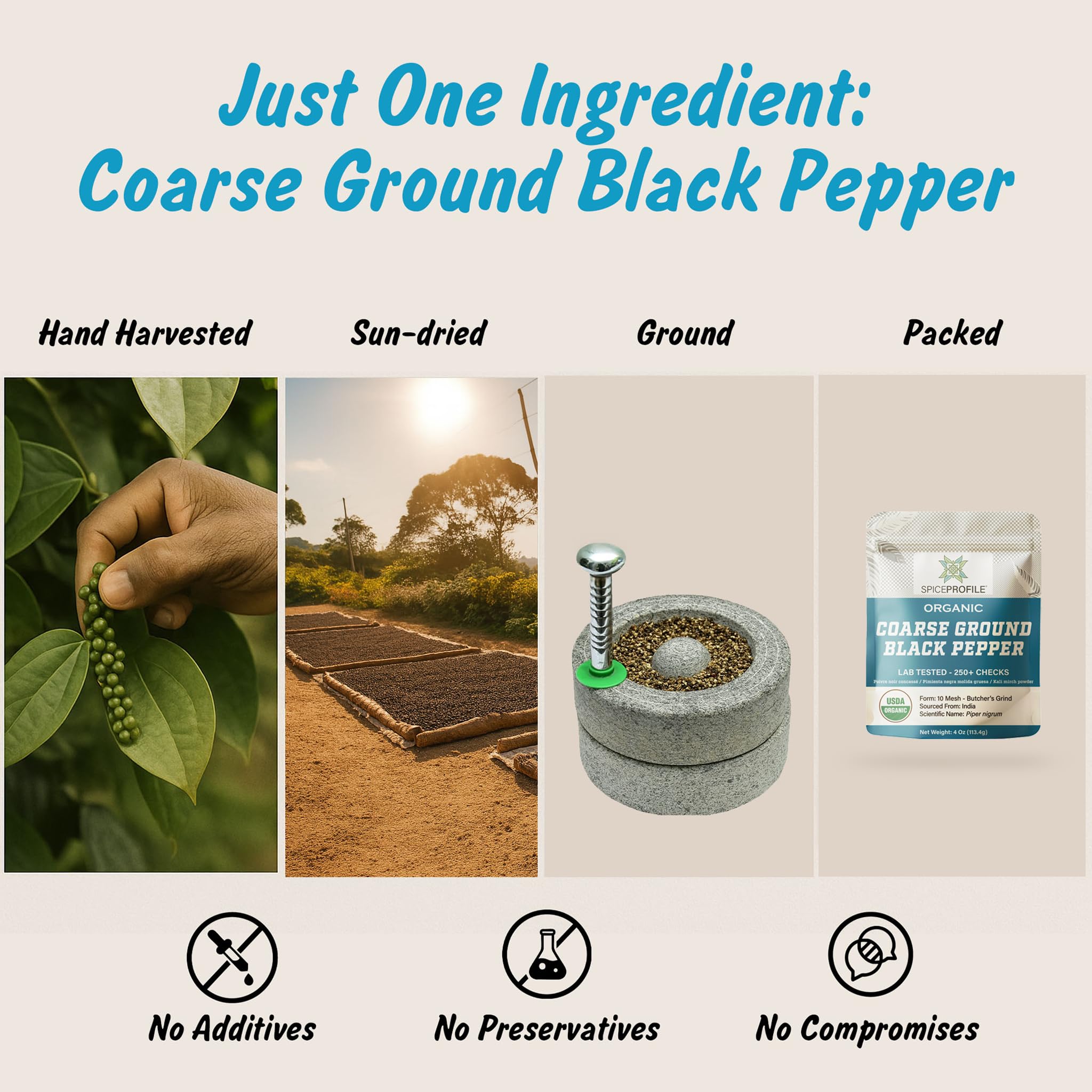 Spice Profile organic coarse-ground pepper 10-mesh close-up highlights bold texture.
