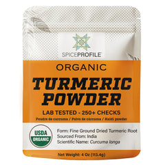 Spice Profile turmeric powder bottle close-up shows vibrant golden color for curries