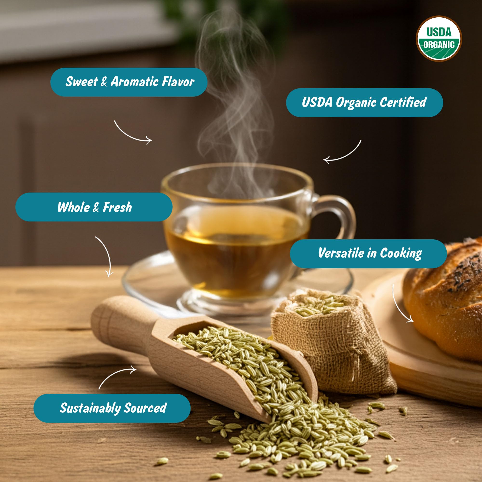 Spice Profile USDA Organic fennel seeds in packaging, pure and ready for spice blends.