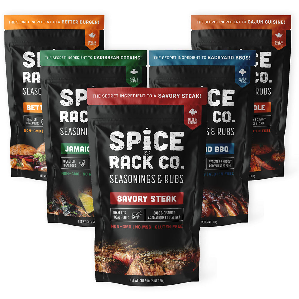 Spice Rack Co. Savory Steak Rub bottle close-up for rich beef flavor.