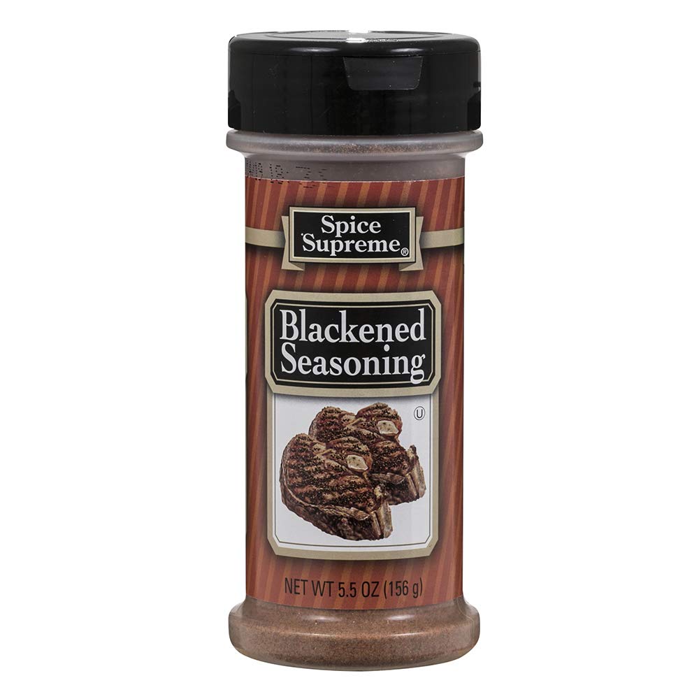 Spice Supreme blackened seasoning shaker front view, adds bold, versatile flavor to seafood, poultry, and veggies