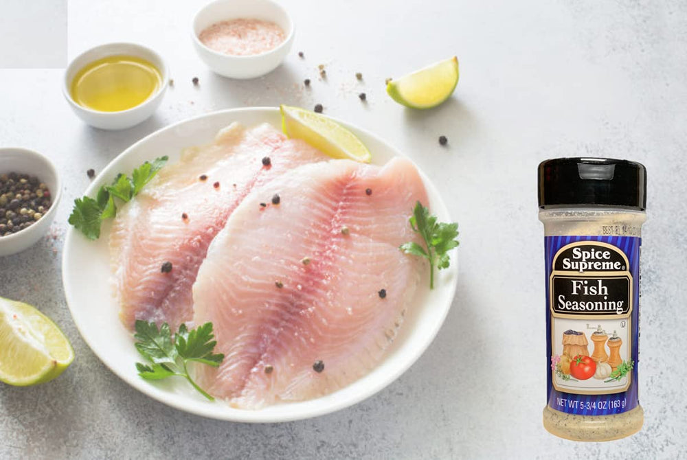 Spice Supreme Fish Seasoning close-up on dish highlights balanced seasoning.
