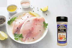 Spice Supreme Fish Seasoning close-up on dish highlights balanced seasoning.