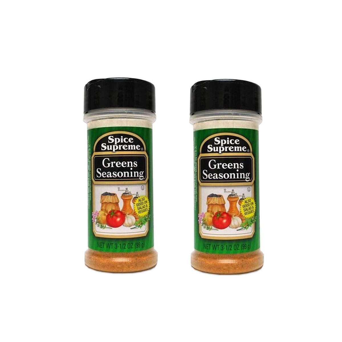 Spice Supreme Greens Seasoning bottle pouring for flavorful salads and roasted vegetables