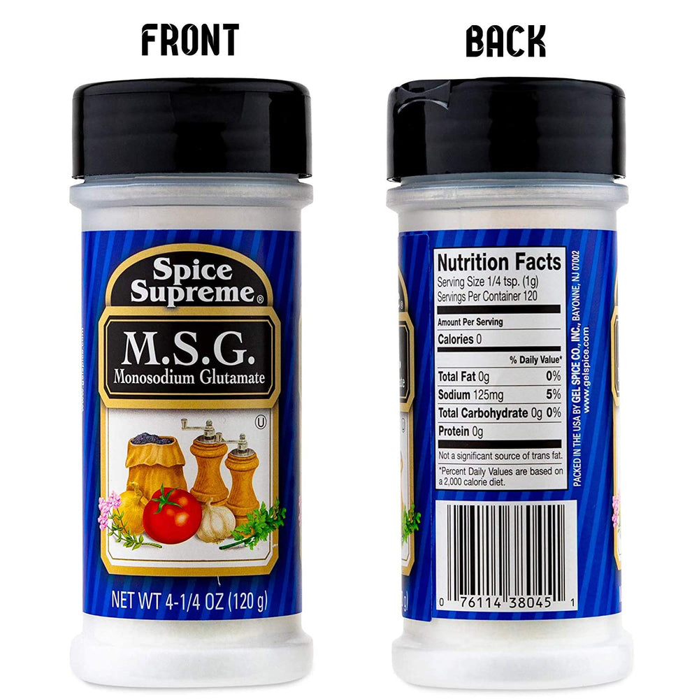 Spice Supreme MSG packaging box shows compact 4.25 oz size for pantries