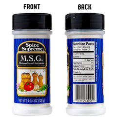 Spice Supreme MSG packaging box shows compact 4.25 oz size for pantries