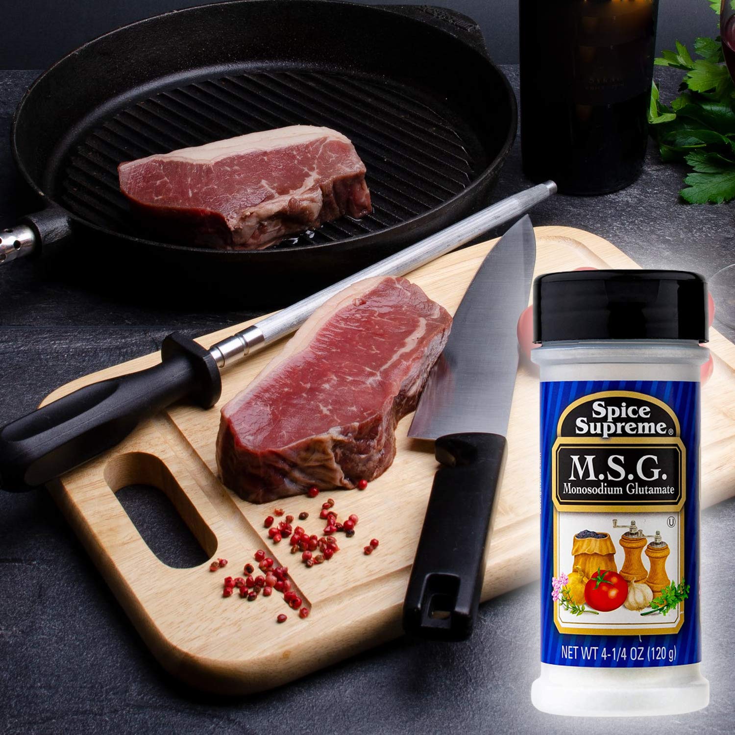 Spice Supreme MSG on a spice shelf emphasizes everyday umami enhancer