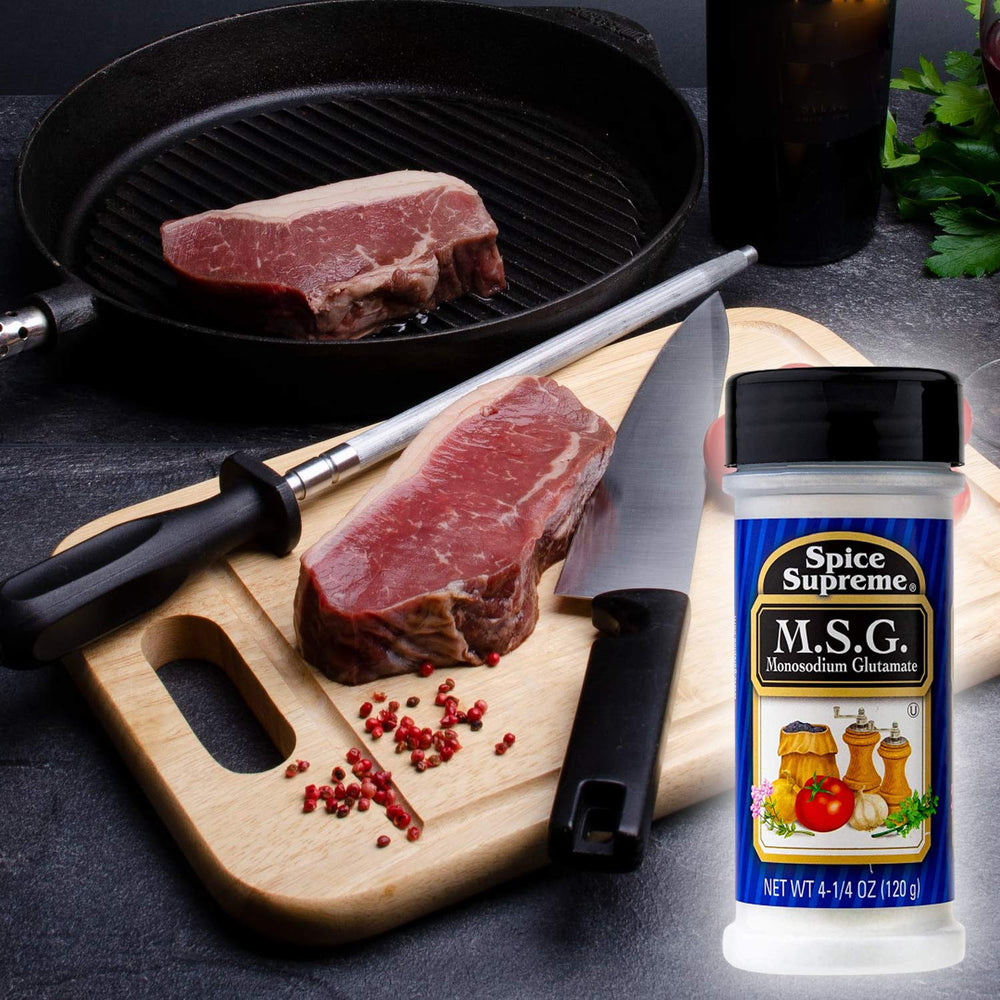 Spice Supreme MSG on a spice shelf emphasizes everyday umami enhancer