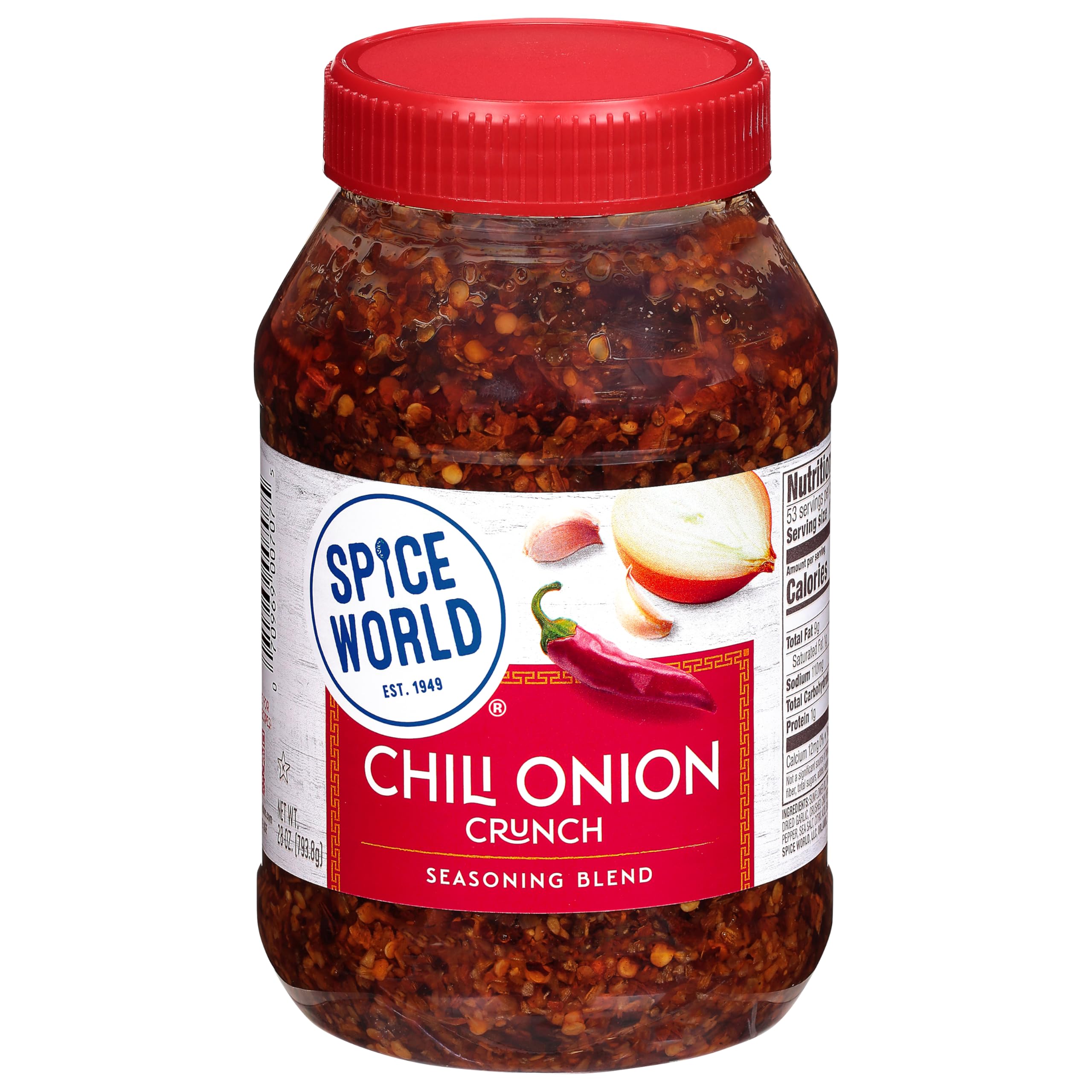Spice World Chili Onion Crunch bottle pour adds bold heat to stir-fries.