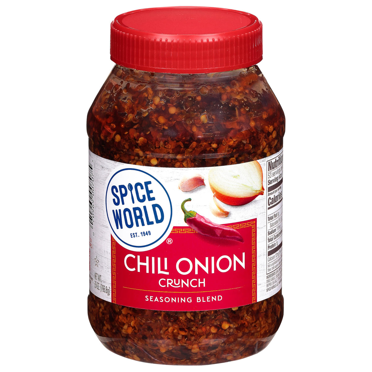 Spice World Chili Onion Crunch bottle pour adds bold heat to stir-fries.