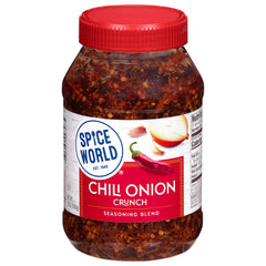 Spice World Chili Onion Crunch bottle pour adds bold heat to stir-fries.