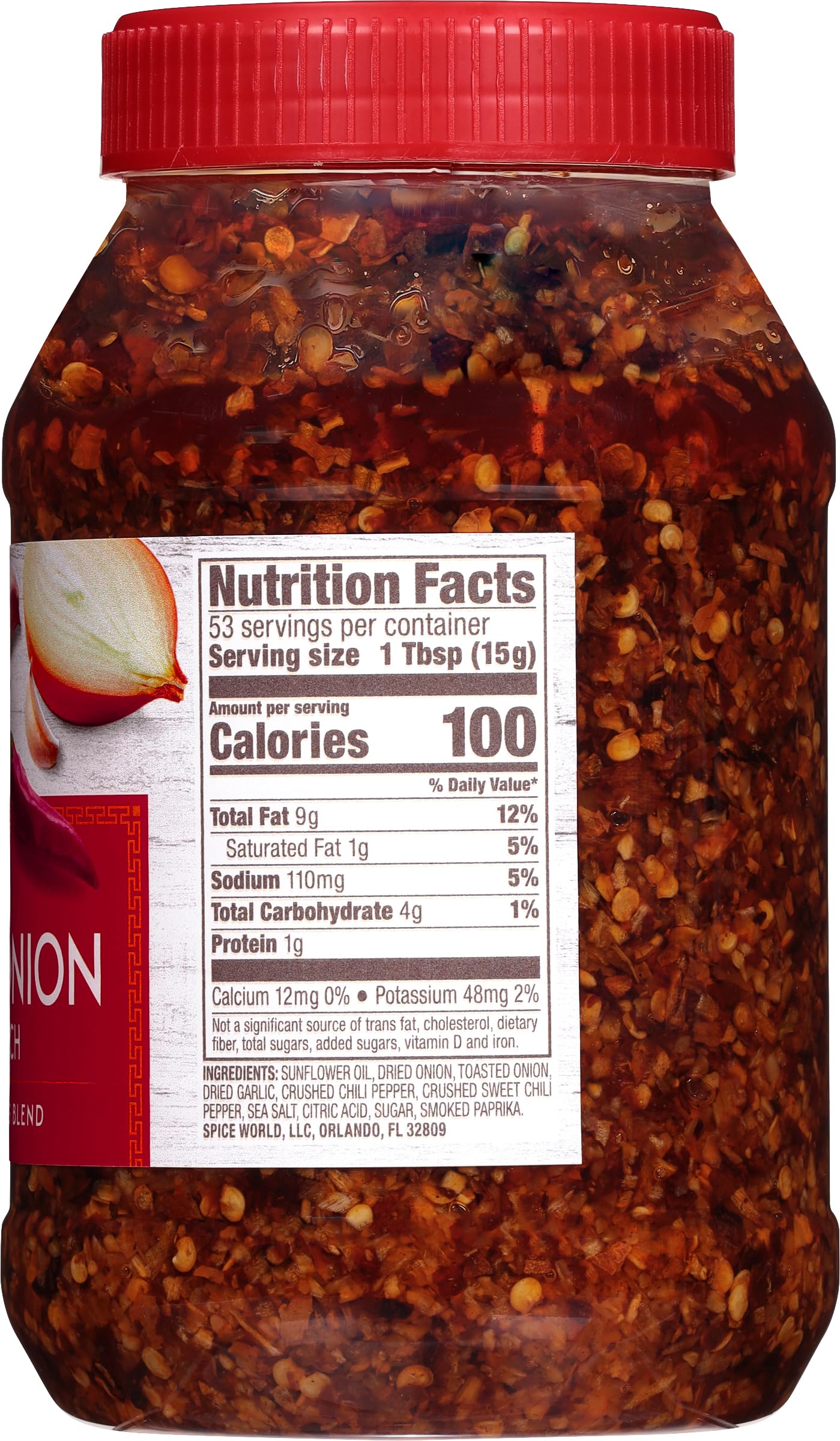 Spice World Chili Onion Crunch over a sizzling stir-fry for flavor.