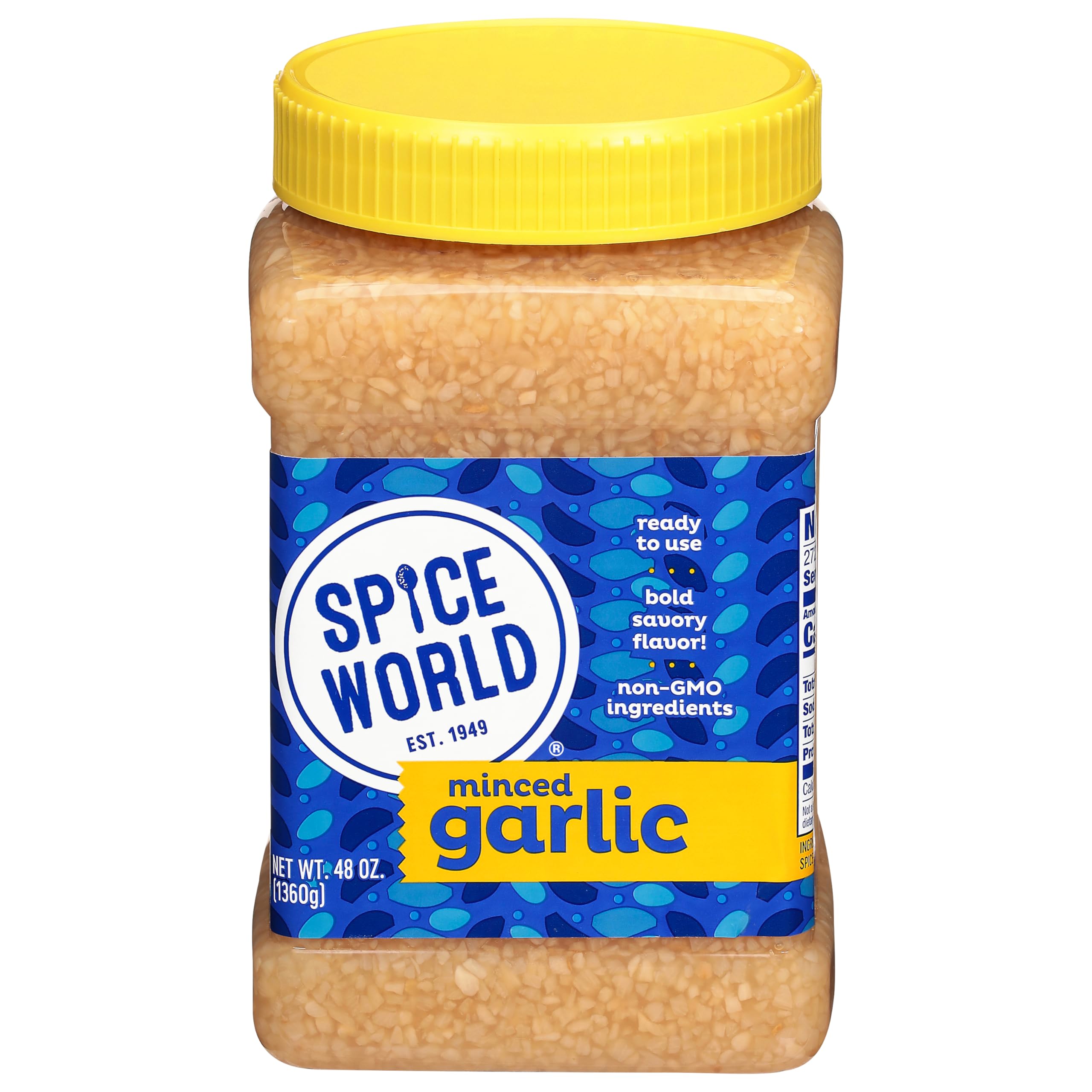 Spice World minced garlic jar on kitchen counter with ready-to-use flavor for quick meals.