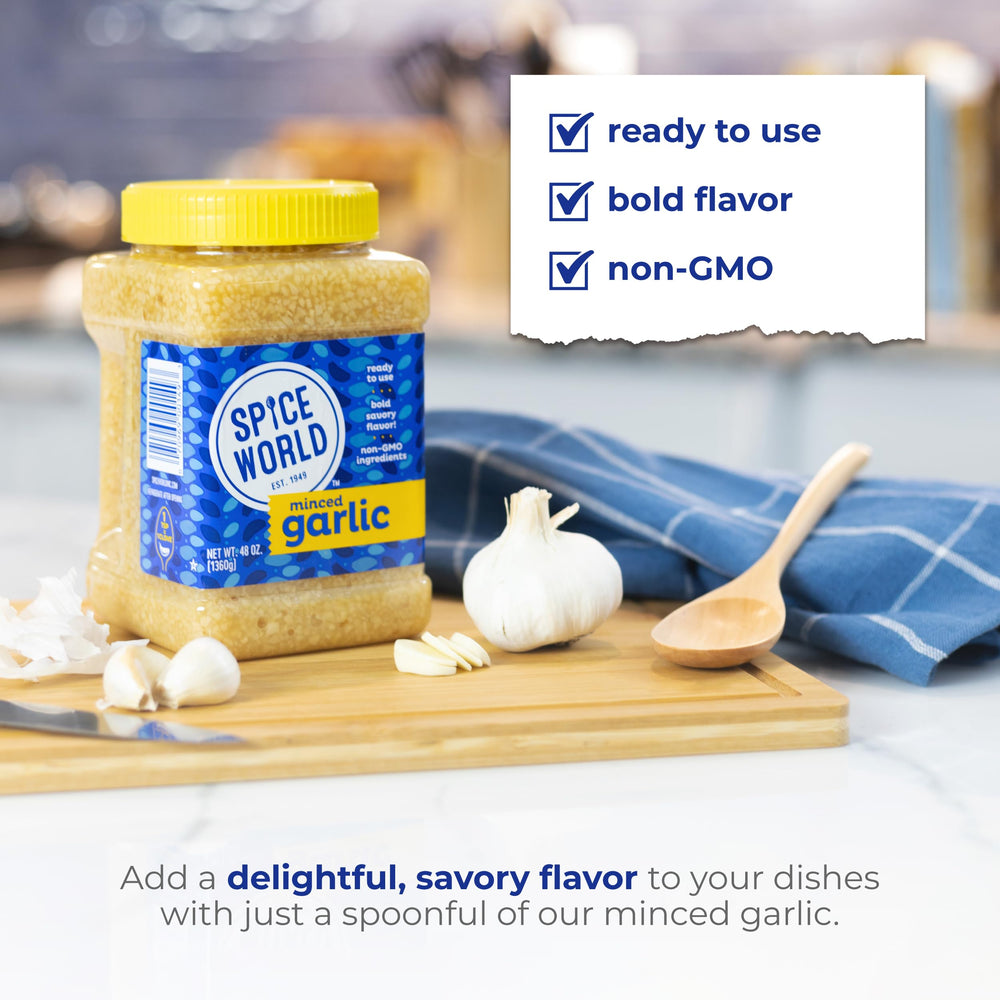 Spice World minced garlic sits ready on the counter for busy nights.