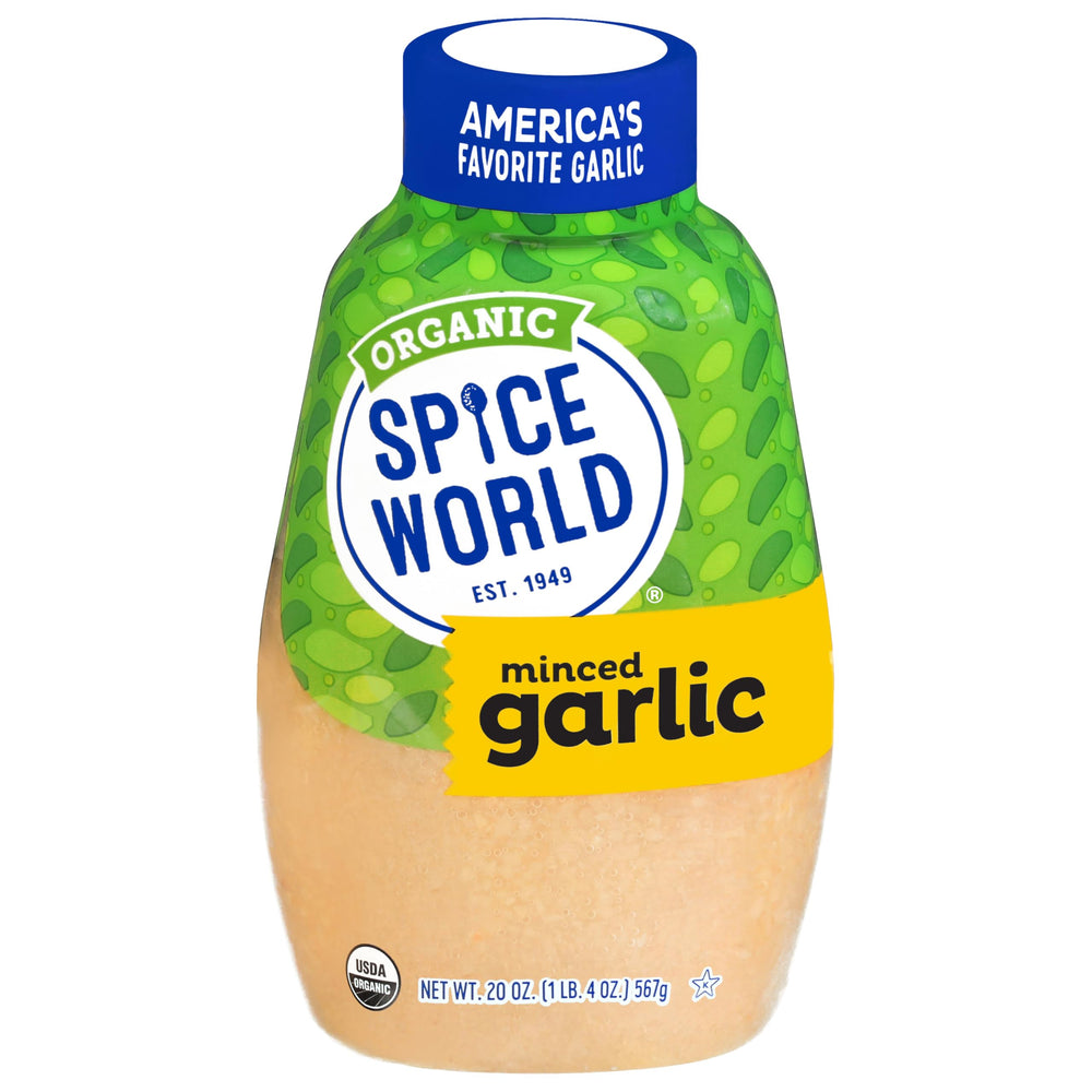 Spice World organic minced garlic squeeze bottle provides a convenient flavor boost for quick meals.