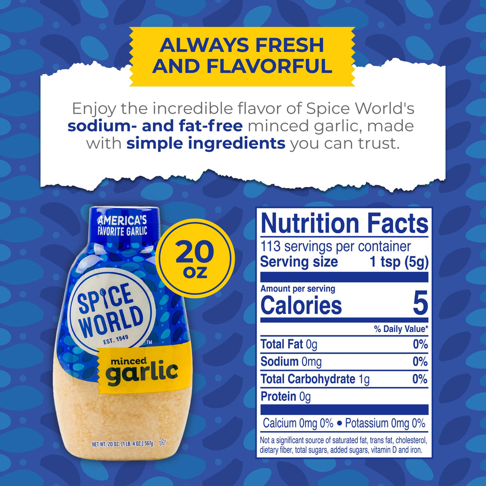 Spice World Squeezable Minced Garlic bottle pour adds mess-free flavor to sauces.