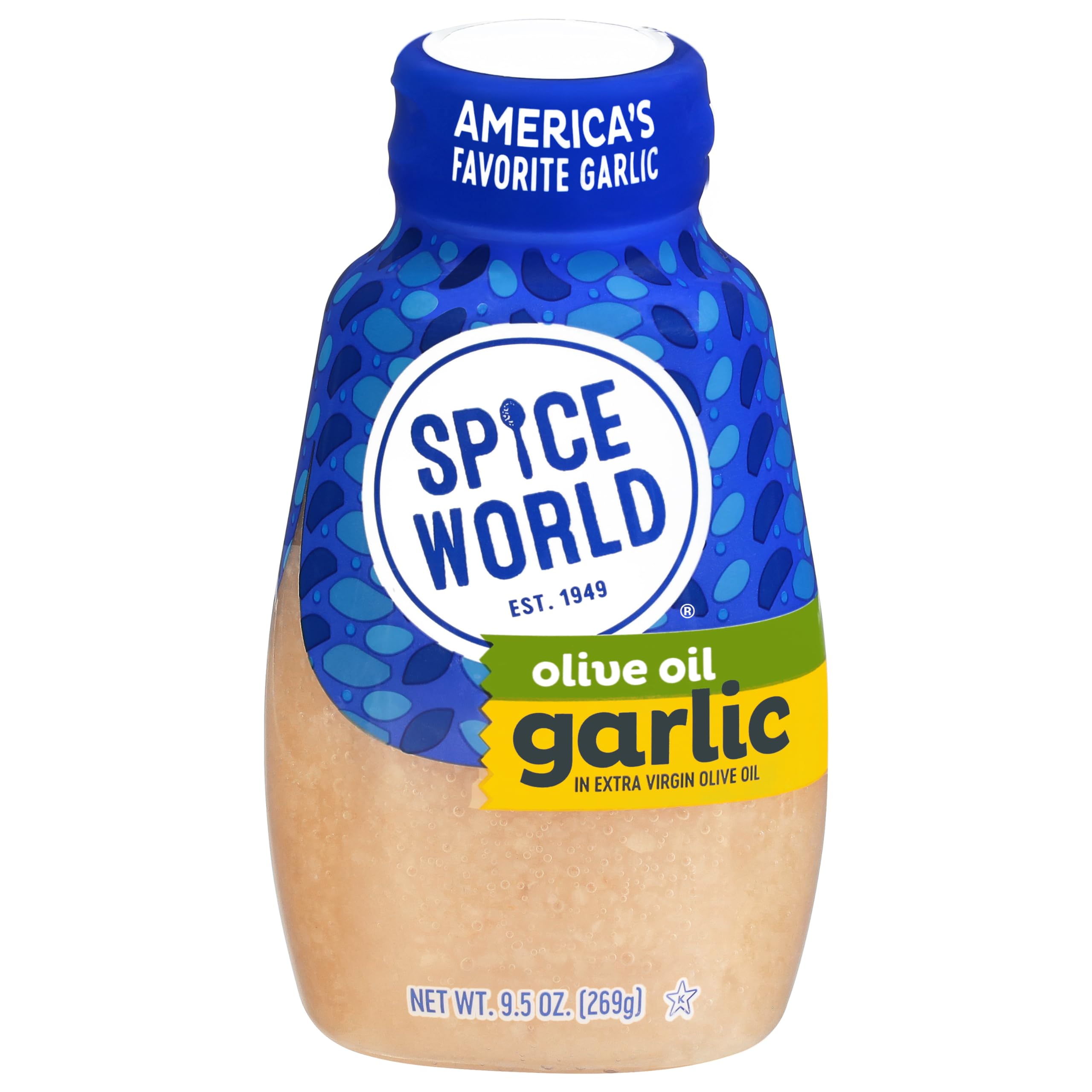 Spice World squeezable minced garlic bottle front for quick, flavorful meals.