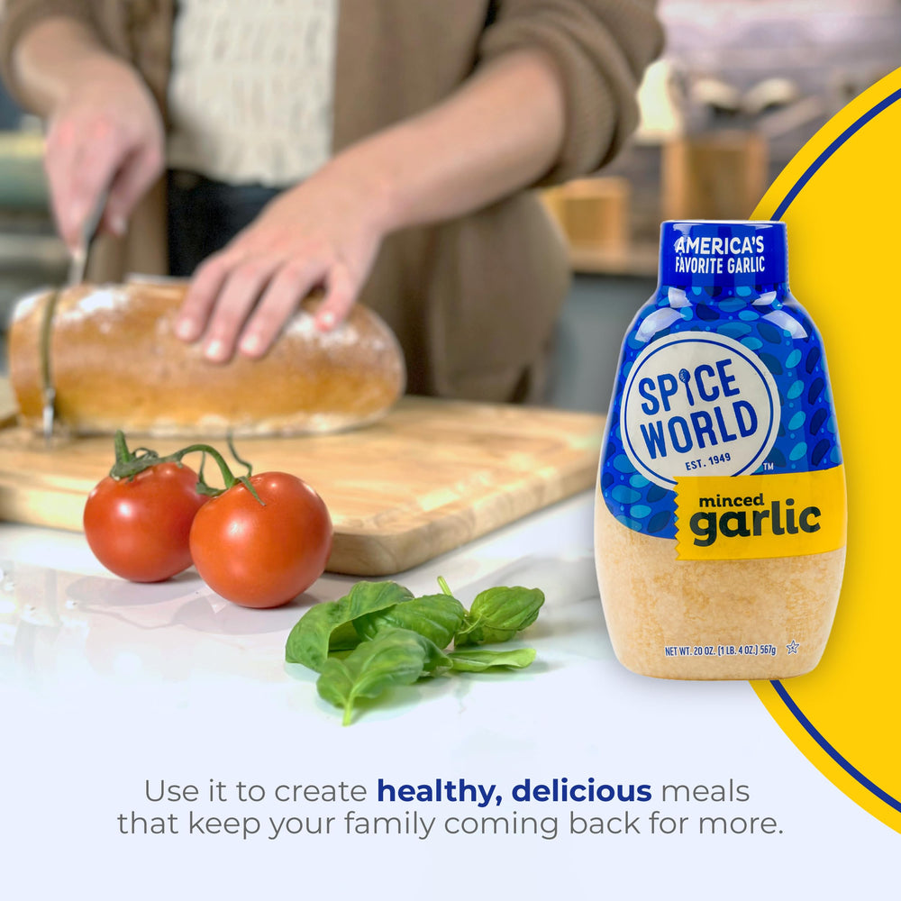 Spice World Squeezable Minced Garlic marinades for quick flavor.