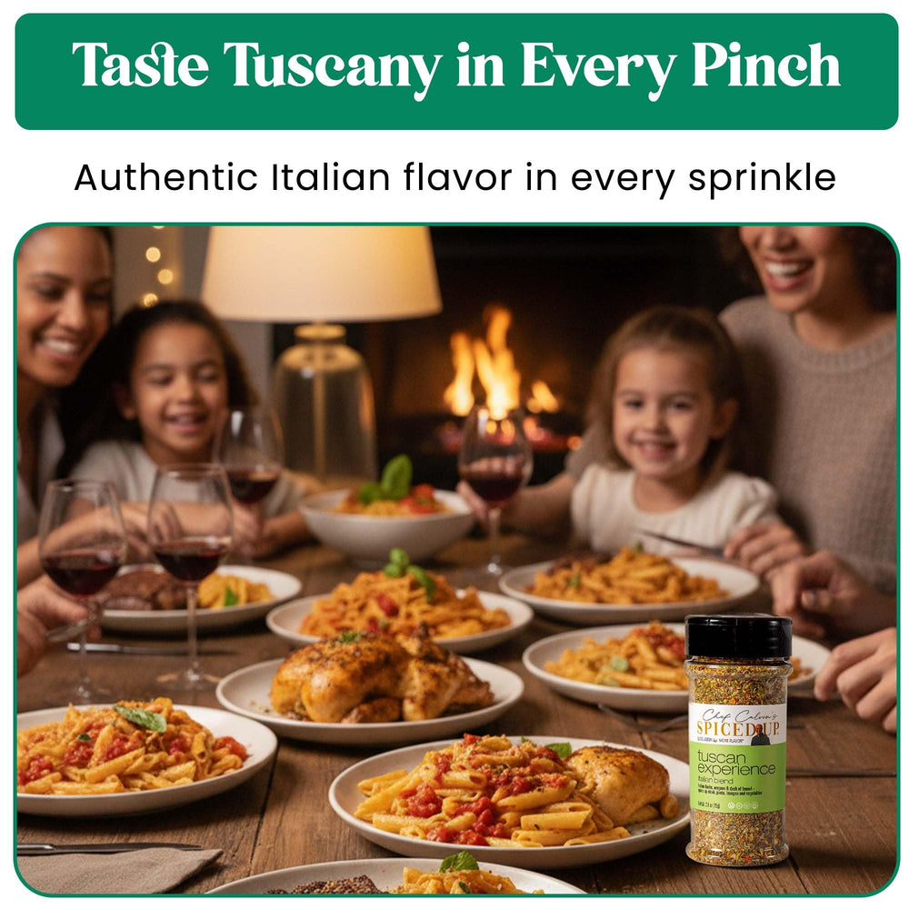 Spiced Up by Chef Calvin Tuscan grill rub visual suggests steak and veggie flavor uplift.