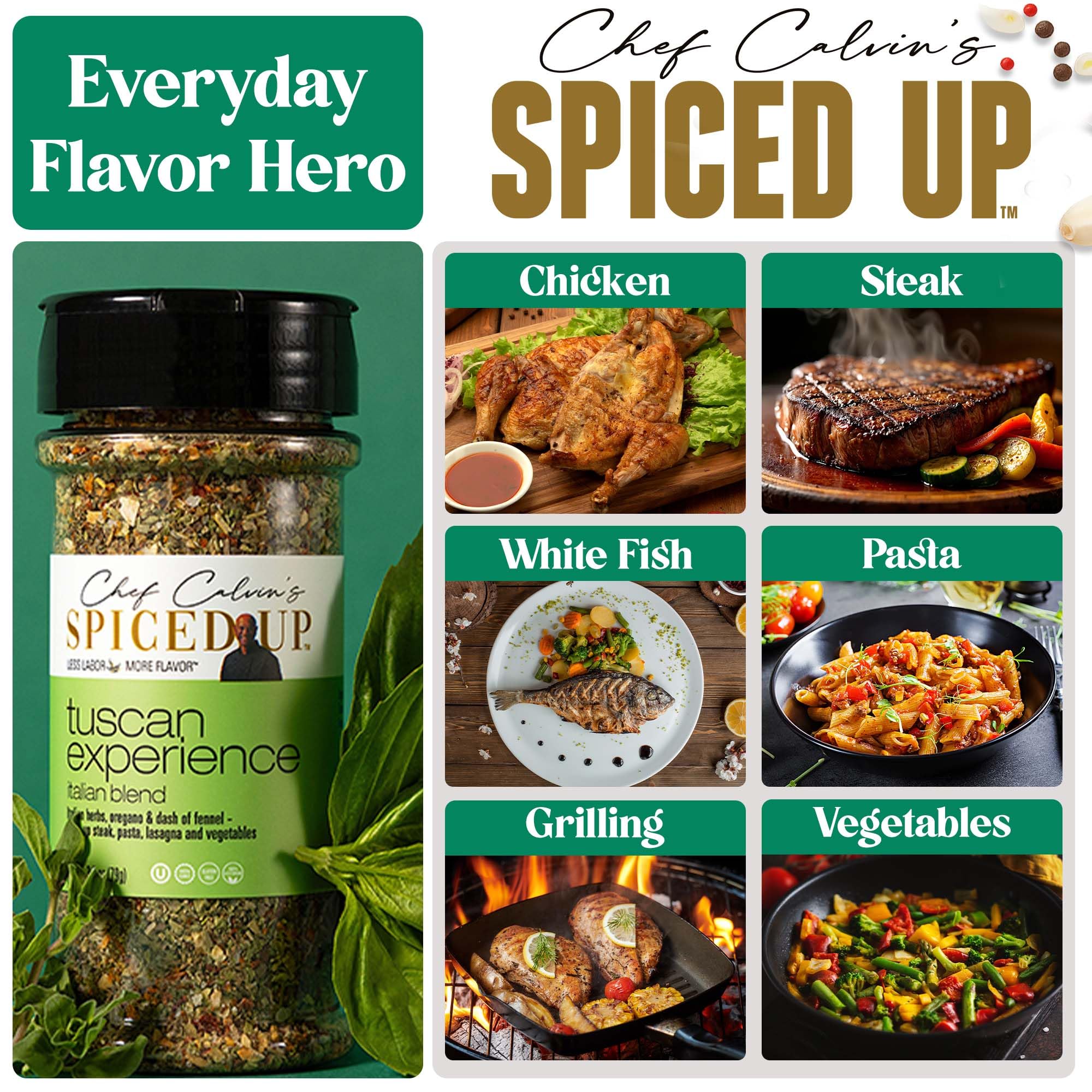 Spiced Up by Chef Calvin Tuscan pasta dish shot boosts flavor in every bite.
