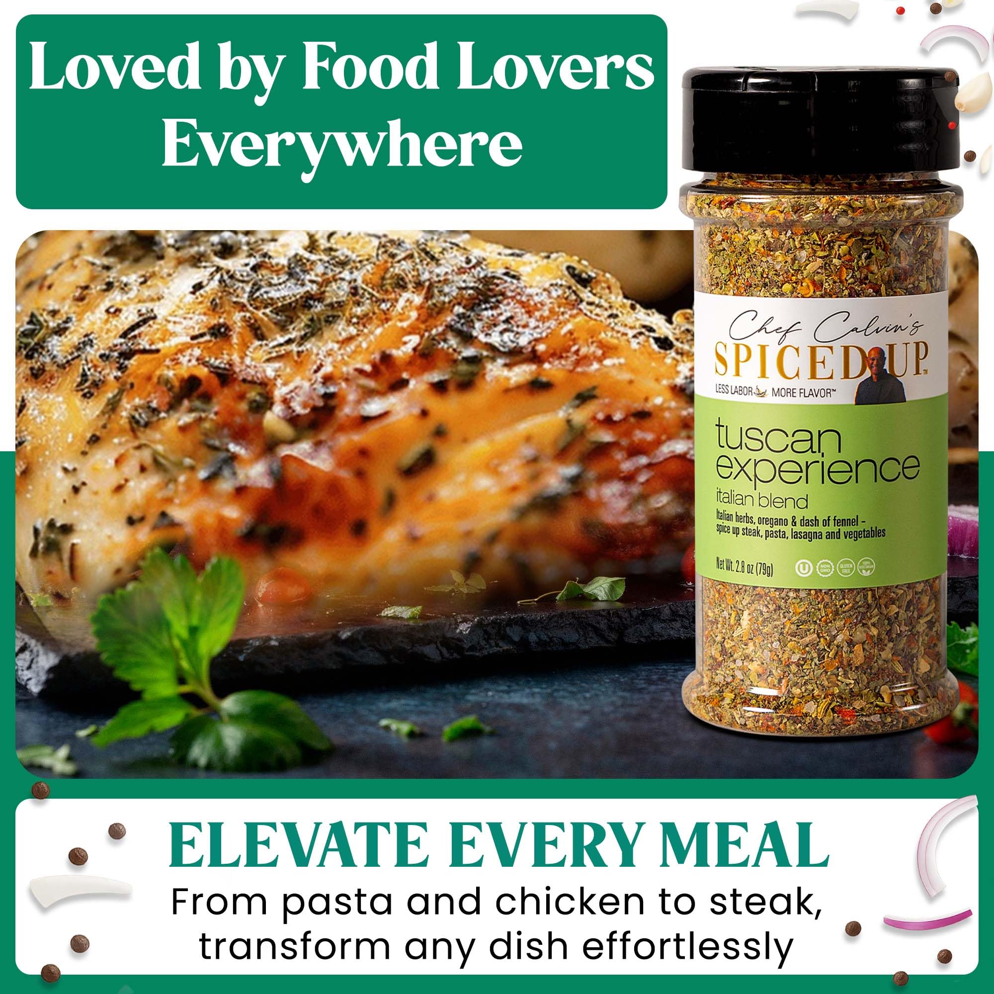 Spiced Up by Chef Calvin Tuscan spice dust close-up emphasizes gluten-free Italian herbs.