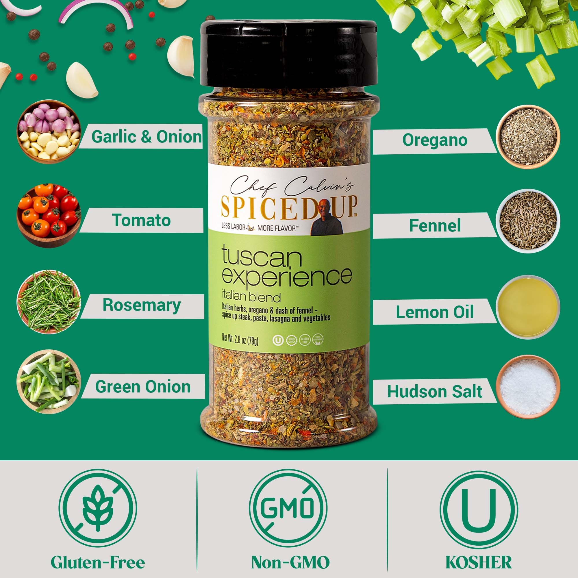 Spiced Up by Chef Calvin Tuscan vegetables roasting closeup reveals aromatic herb notes.