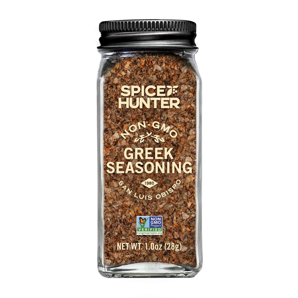The Spice Hunter Greek Seasoning jar adds vibrant flavor to meats and vegetables.