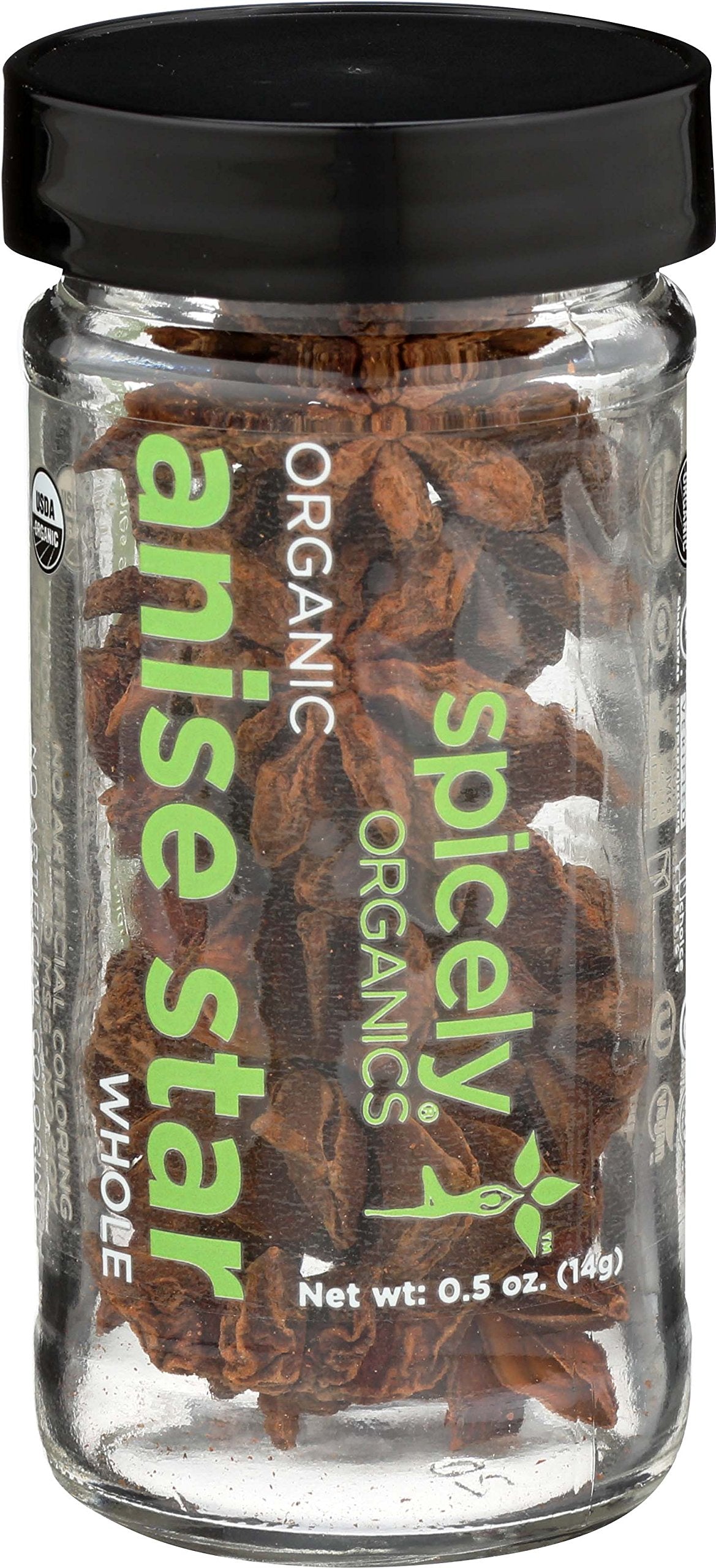 Spicely Organics Anise Star whole pods in a jar, ideal for flavoring soups and cocktails.